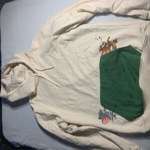 Tom and Jerry Cream Hoodie with Cartoon Print and Green Pocket